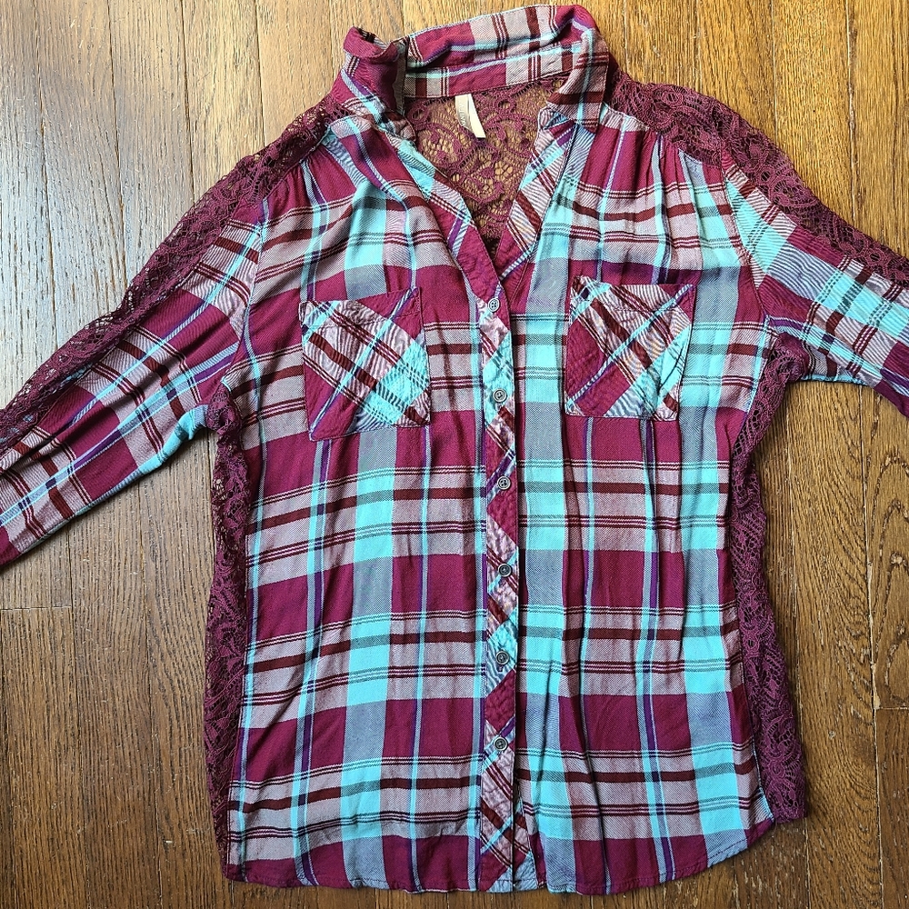 Purple & Turquoise Plaid Button down with lace details